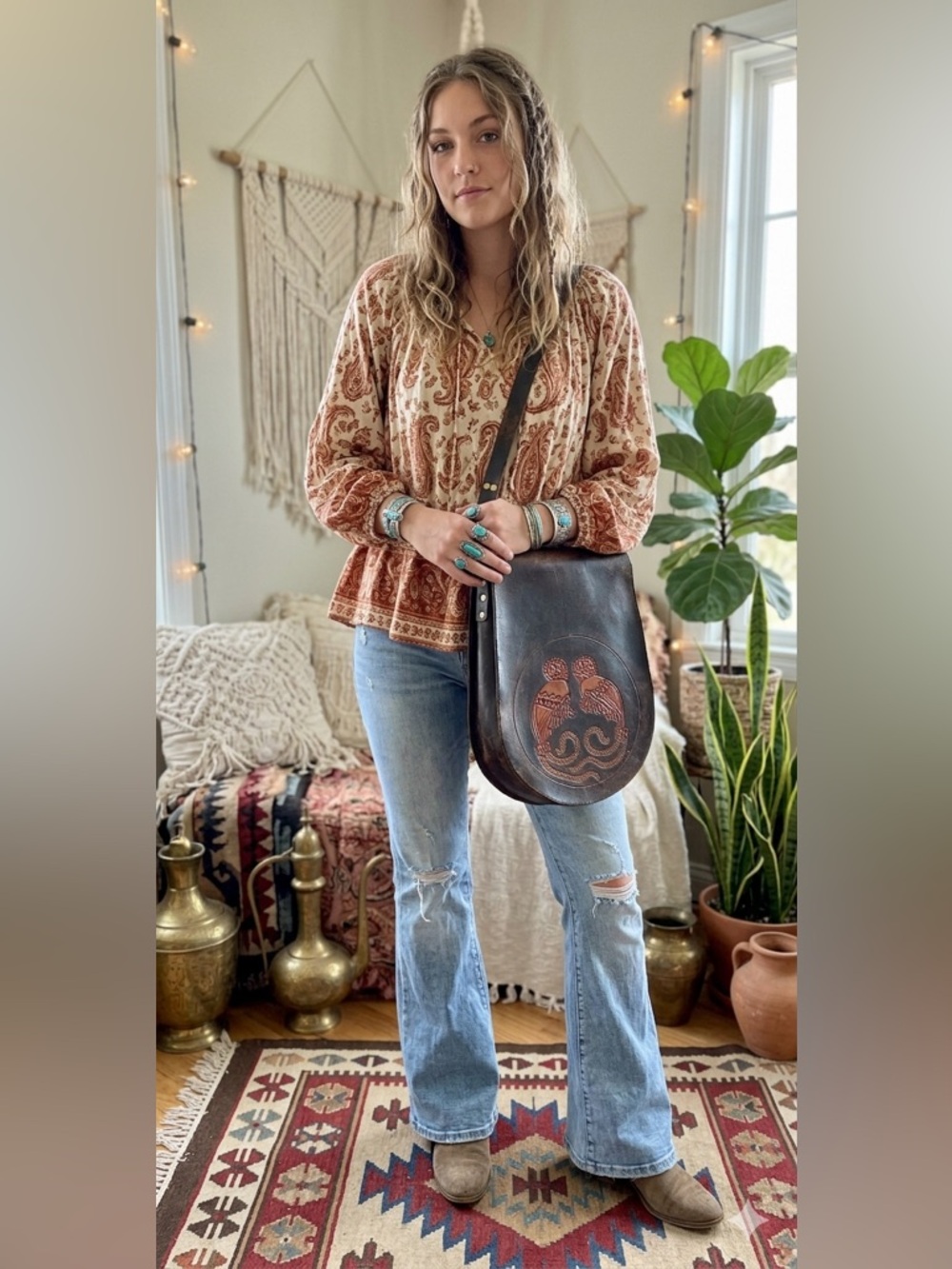 Vintage 60s 70s Unisex Hand Tooled Leather Shoulder Bag Hippie Grunge Festival